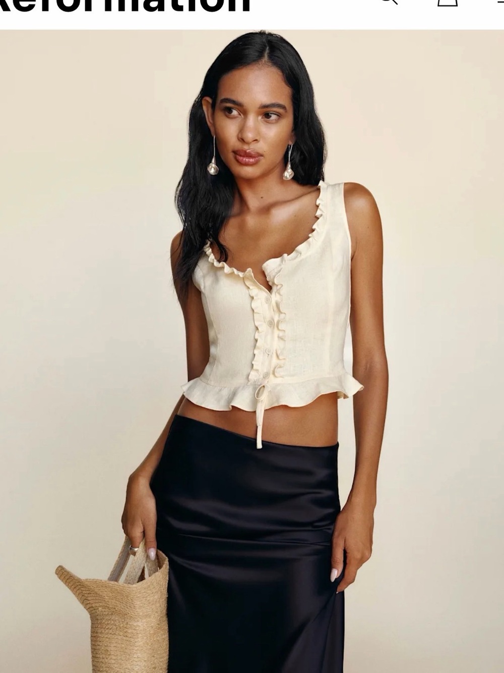 Reformation Cream Ruffle-Trim Linen Camisole